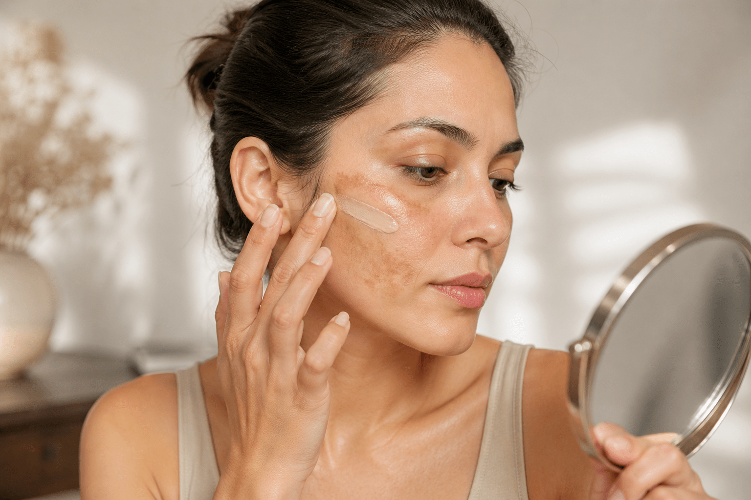 woman with melasma on cheeks applying bb cream in soft natural light for even skin tone