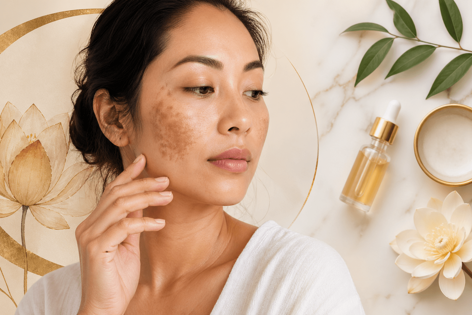 woman with dark patches on face showing melasma in soft natural light